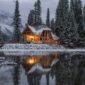 Wooden house surrounded by snow-covered pine trees