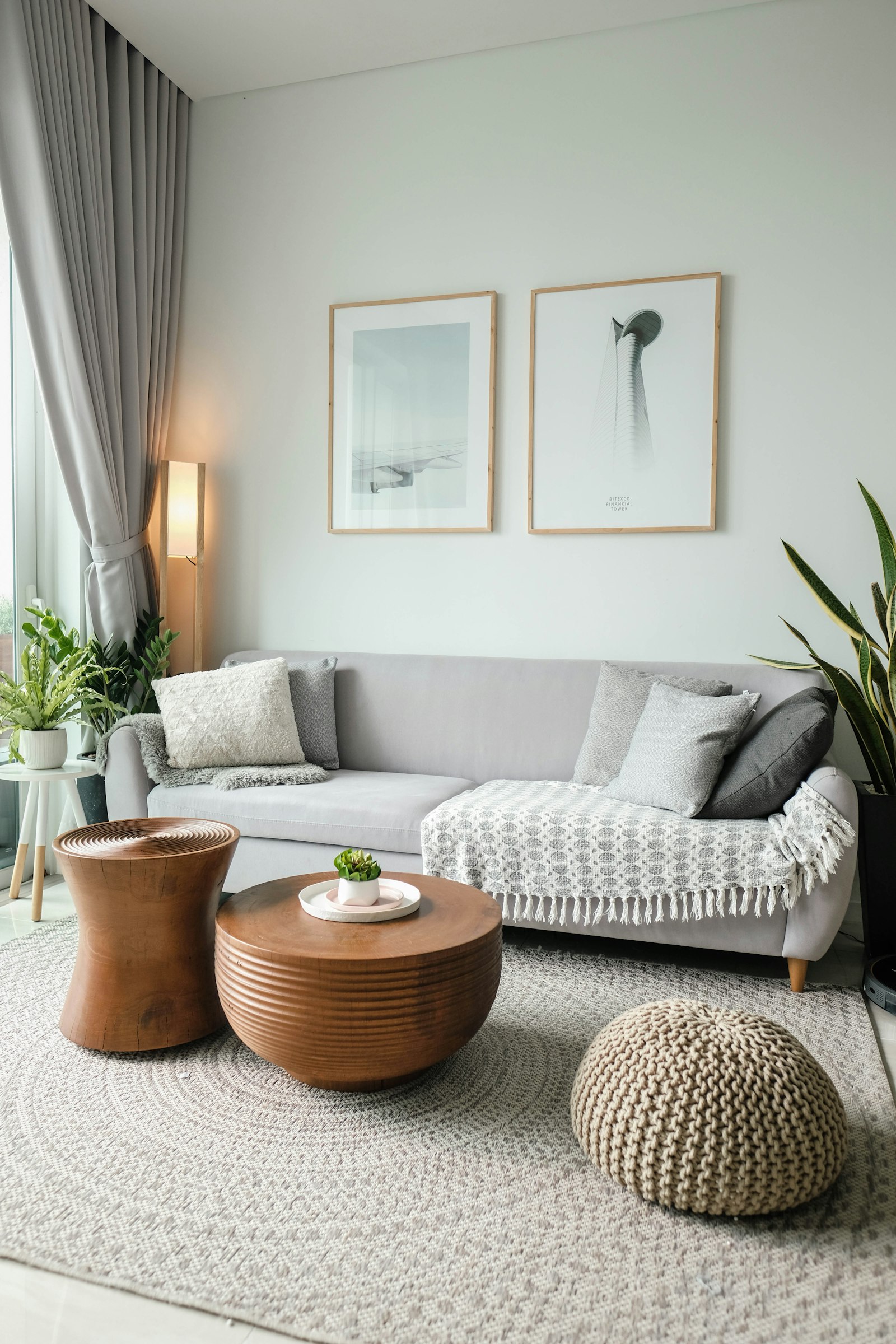Bright staged living room with large window